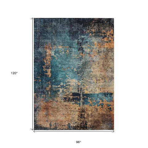 Homeroots 3' Stunning Teal Blue And Copper Abstract Washable Area Rug For Indoor And Outdoor Spaces 8' X 10' Polyester 606077