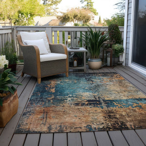 Homeroots 3' Stunning Teal Blue And Copper Abstract Washable Area Rug For Indoor And Outdoor Spaces 8' X 10' Polyester 606077