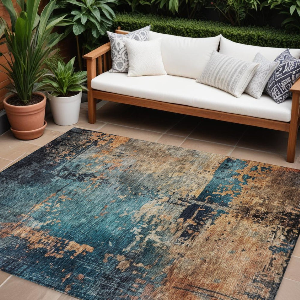 HomeRoots 9' X 12' Teal Blue Black Copper Abstract Rug - Stylish & Washable for Indoor/Outdoor Elegance 606078