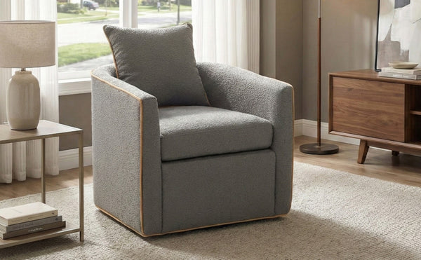 English Elm Swivel Barrel Accent Chair Boucle Upholstered with 360 Base for Living Room Corners Light Grey N763P376127E