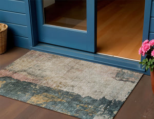 Homeroots 3' Stylish Taupe Blue And Lavender Abstract Washable Indoor-outdoor Area Rug For Any Space 3' X 5' Polyester 606080