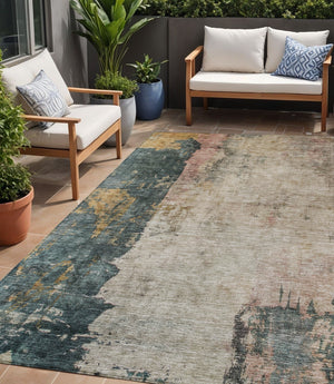 Homeroots 3' Stylish Taupe Blue And Lavender Abstract Washable Indoor-outdoor Area Rug For Any Space 5' X 8' Polyester 606081