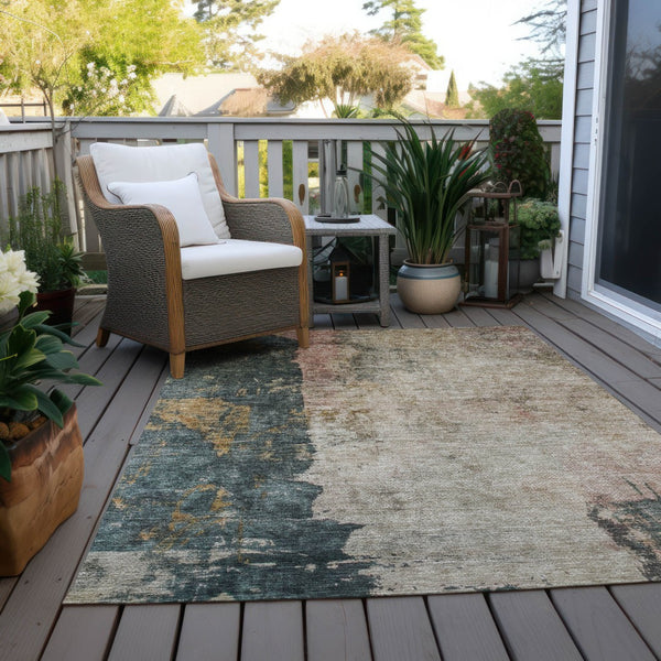 Homeroots 3' Stylish Taupe Blue And Lavender Abstract Washable Indoor-outdoor Area Rug For Any Space 5' X 8' Polyester 606081