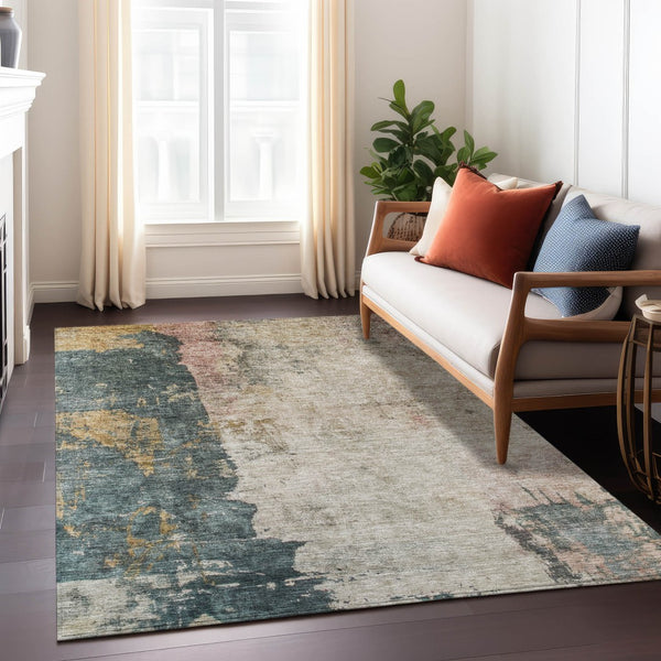 Homeroots 3' Stylish Taupe Blue And Lavender Abstract Washable Indoor-outdoor Area Rug For Any Space 5' X 8' Polyester 606081