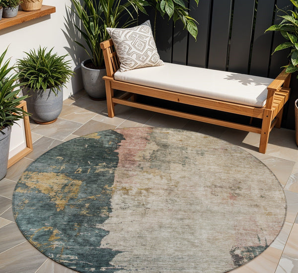 Homeroots 3' Stylish Taupe Blue And Lavender Abstract Washable Indoor-outdoor Area Rug For Any Space 8' Round Polyester 606082