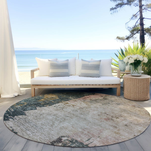 Homeroots 3' Stylish Taupe Blue And Lavender Abstract Washable Indoor-outdoor Area Rug For Any Space 8' Round Polyester 606082