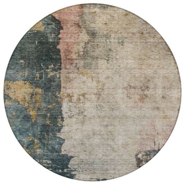 HomeRoots 5' Abstract Washable Area Rug in Taupe, Blue & Lavender - Durable & Stylish for Indoor/Outdoor Use 8' Round 606082