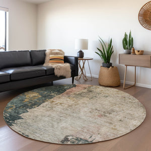 Homeroots 3' Stylish Taupe Blue And Lavender Abstract Washable Indoor-outdoor Area Rug For Any Space 8' Round Polyester 606082