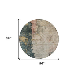Homeroots 3' Stylish Taupe Blue And Lavender Abstract Washable Indoor-outdoor Area Rug For Any Space 8' Round Polyester 606082