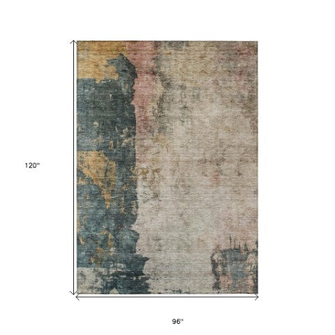 Homeroots 3' Stylish Taupe Blue And Lavender Abstract Washable Indoor-outdoor Area Rug For Any Space 8' X 10' Polyester 606083