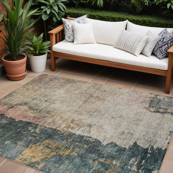 Homeroots 3' Stylish Taupe Blue And Lavender Abstract Washable Indoor-outdoor Area Rug For Any Space 10' X 14' Polyester 606085