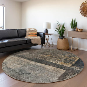 Homeroots 3' Coffee Black And Beige Abstract Washable Area Rug For Stylish Indoor And Outdoor Spaces 8' Round Polyester 606088