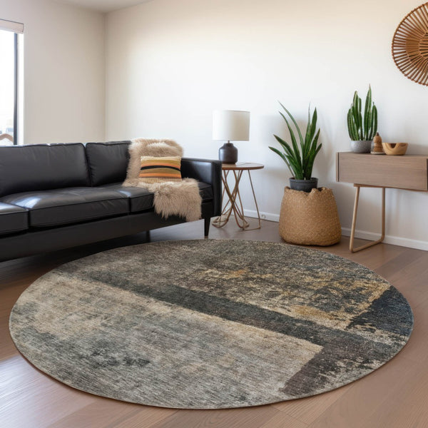 Homeroots 3' Coffee Black And Beige Abstract Washable Area Rug For Stylish Indoor And Outdoor Spaces 8' Round Polyester 606088