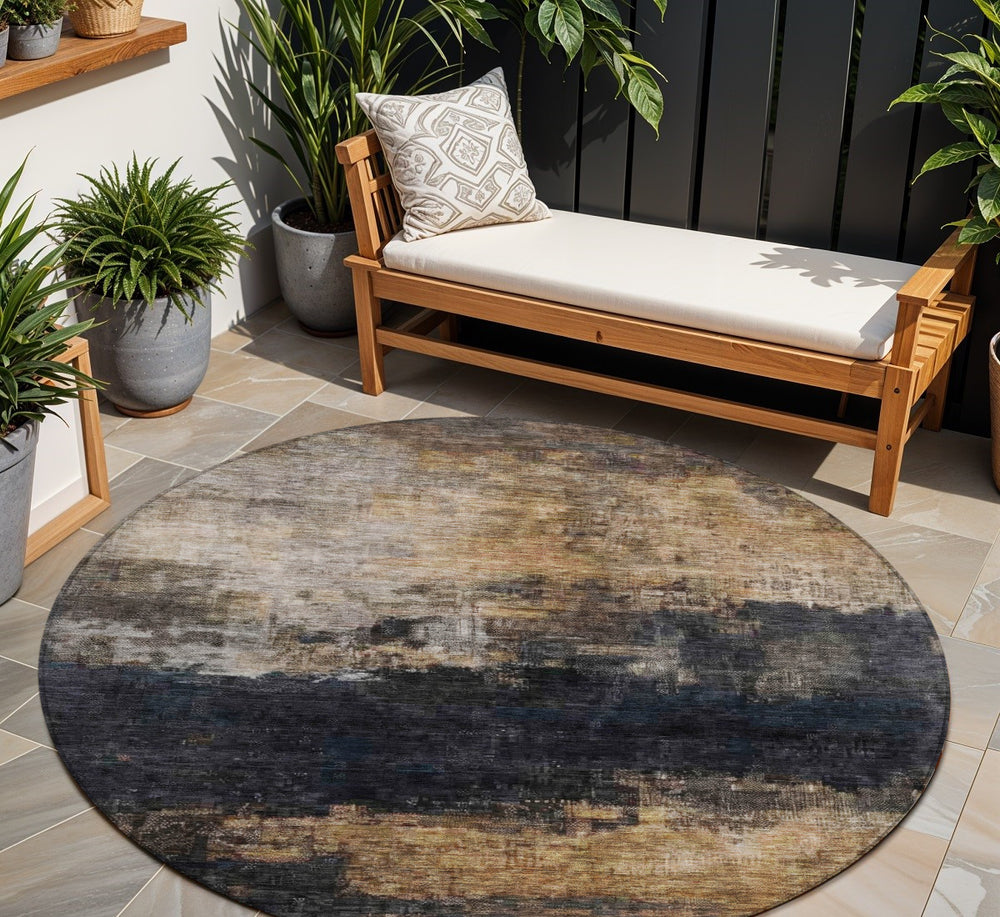 Homeroots 3' Charcoal Tan And Beige Abstract Washable Rug - Stylish Indoor Outdoor Accent For Any Space 8' Round Polyester 606094