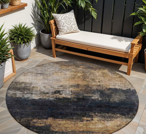 Homeroots 3' Charcoal Tan And Beige Abstract Washable Rug - Stylish Indoor Outdoor Accent For Any Space 8' Round Polyester 606094