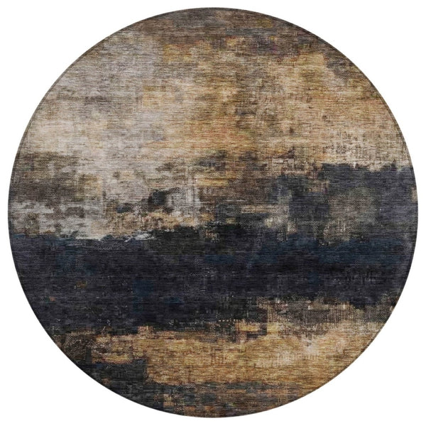HomeRoots 5' Charcoal Tan and Beige Abstract Rug - Washable Indoor Outdoor Design for High-Traffic Areas 8' Round 606094