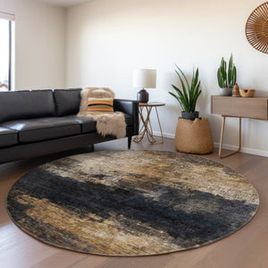 Homeroots 3' Charcoal Tan And Beige Abstract Washable Rug - Stylish Indoor Outdoor Accent For Any Space 8' Round Polyester 606094