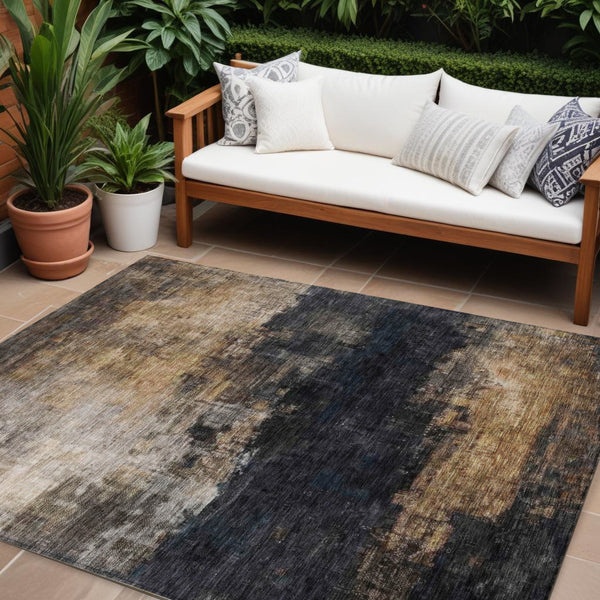 Homeroots 3' Charcoal Tan And Beige Abstract Washable Rug - Stylish Indoor Outdoor Accent For Any Space 9' X 12' Polyester 606096