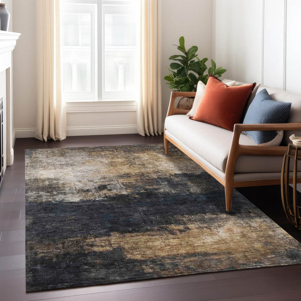 Homeroots 3' Charcoal Tan And Beige Abstract Washable Rug - Stylish Indoor Outdoor Accent For Any Space 9' X 12' Polyester 606096