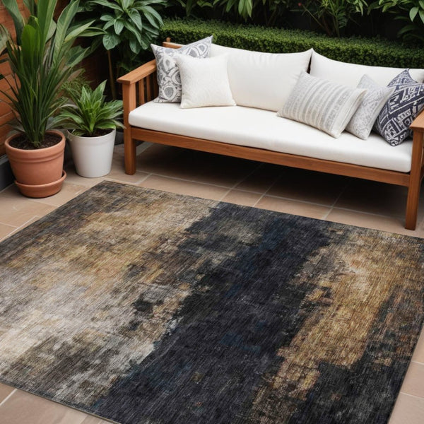 HomeRoots 5' Charcoal Tan and Beige Abstract Rug - Washable Indoor Outdoor Design for High-Traffic Areas 10' X 14' 606097