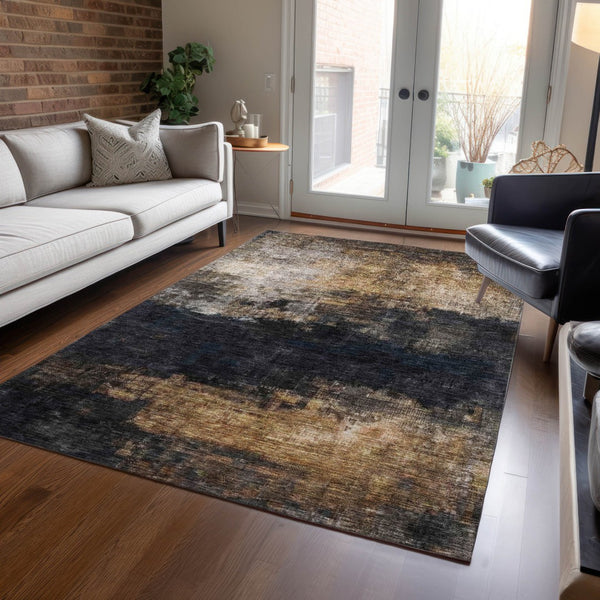 Homeroots 3' Charcoal Tan And Beige Abstract Washable Rug - Stylish Indoor Outdoor Accent For Any Space 10' X 14' Polyester 606097