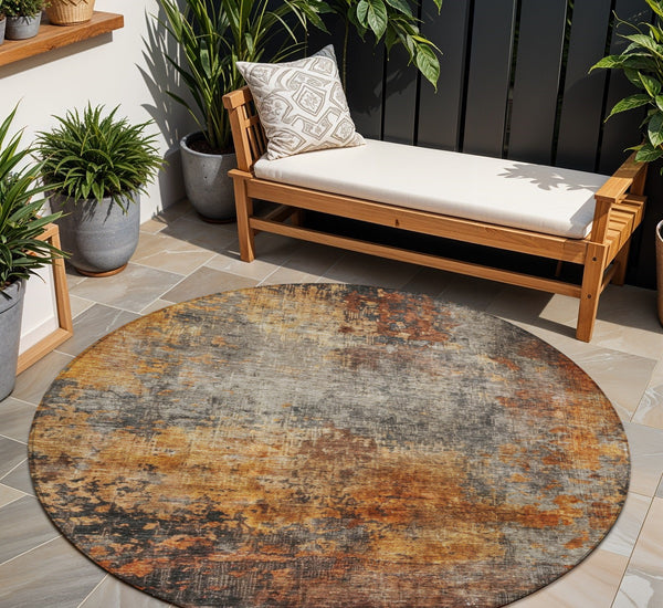 Homeroots 3' Stylish Copper Terra Cotta And Black Abstract Washable Area Rug For Indoor And Outdoor Use 8' Round Polyester 606100