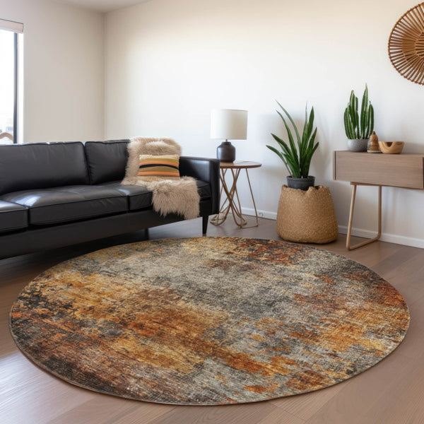 Homeroots 3' Stylish Copper Terra Cotta And Black Abstract Washable Area Rug For Indoor And Outdoor Use 8' Round Polyester 606100