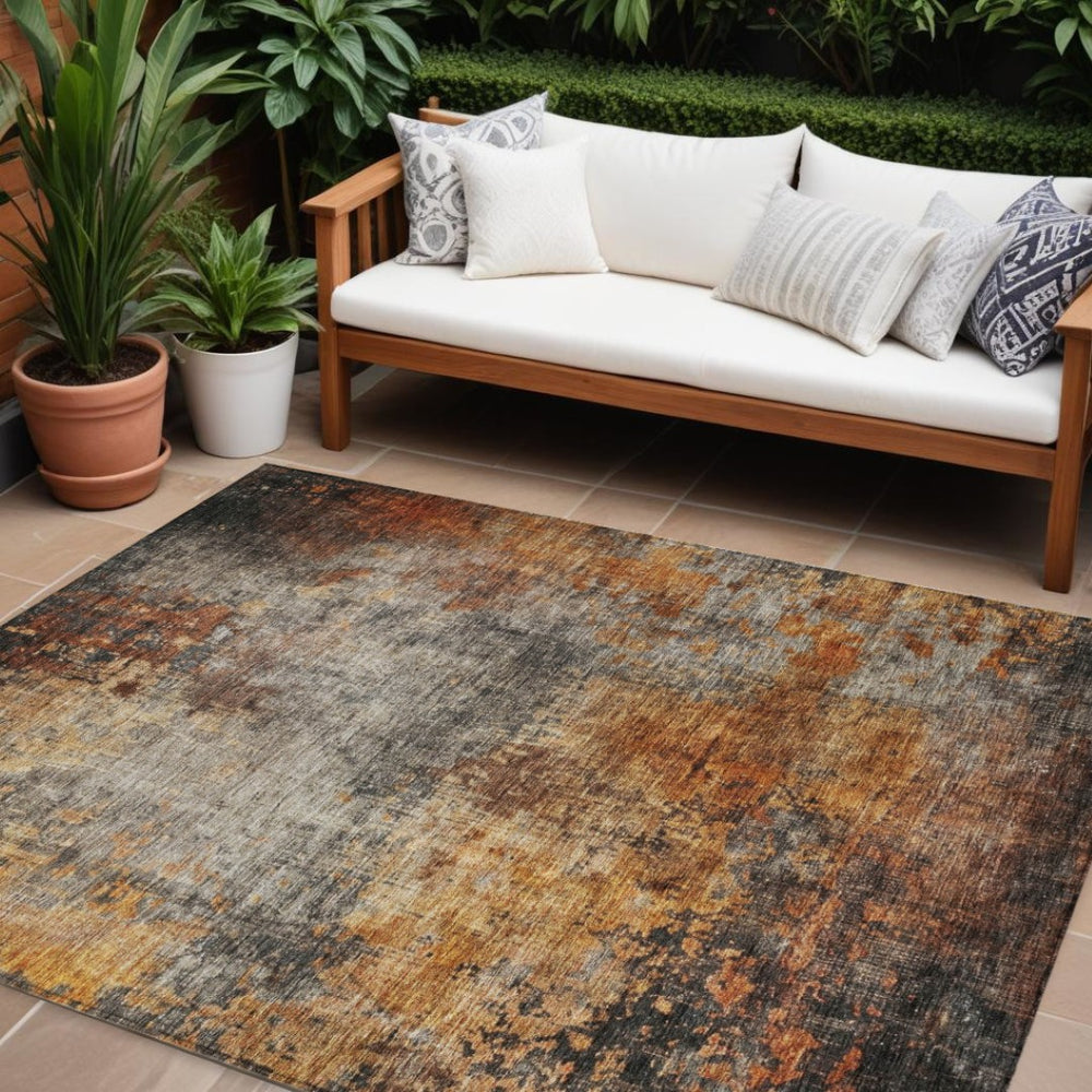 HomeRoots 5' Copper Terra Cotta and Black Abstract Indoor Outdoor Rug - Stylish, Durable, and Washable Design 10' X 14' 606103
