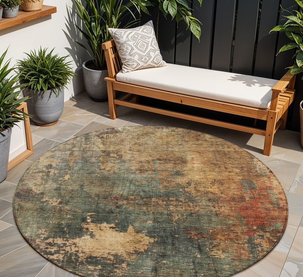 Homeroots 3' Abstract Sage Tan And Copper Washable Area Rug For Indoor And Outdoor Comfort And Style 8' Round Polyester 606106