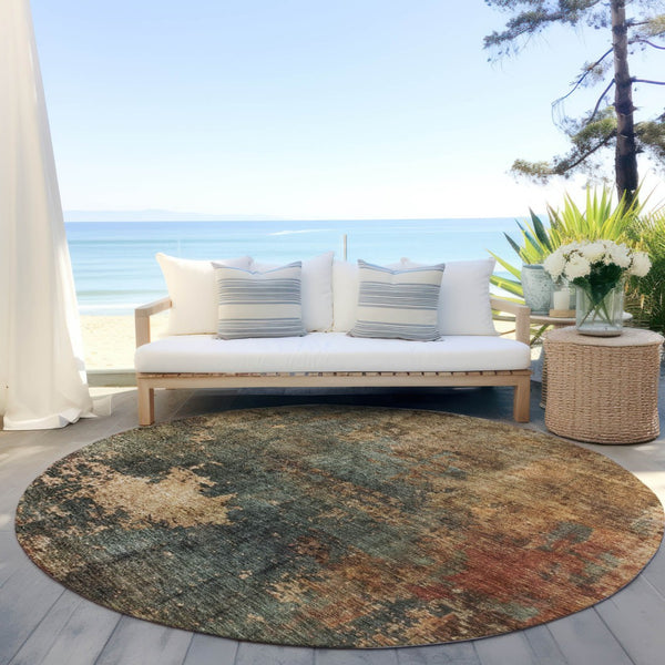 Homeroots 3' Abstract Sage Tan And Copper Washable Area Rug For Indoor And Outdoor Comfort And Style 8' Round Polyester 606106