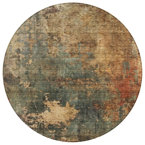 HomeRoots 5' Abstract Sage Tan and Copper Washable Area Rug for Indoor and Outdoor Use, Durable Design 8' Round 606106