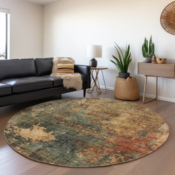 Homeroots 3' Abstract Sage Tan And Copper Washable Area Rug For Indoor And Outdoor Comfort And Style 8' Round Polyester 606106