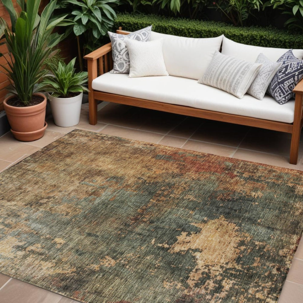 HomeRoots 5' Abstract Sage Tan and Copper Washable Area Rug for Indoor and Outdoor Use, Durable Design 10' X 14' 606109