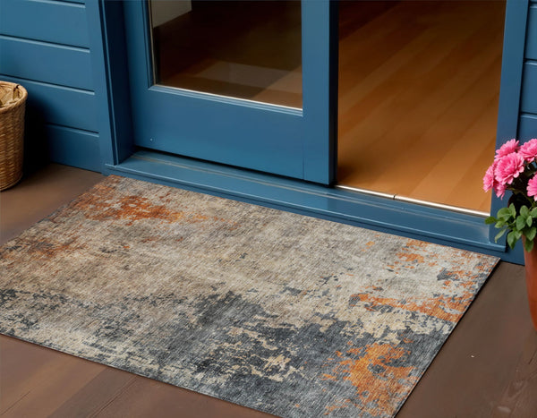 Homeroots 3' Khaki Gray And Copper Abstract Washable Area Rug - Stylish Indoor Outdoor Decor For Any Space 3' X 5' Polyester 606110