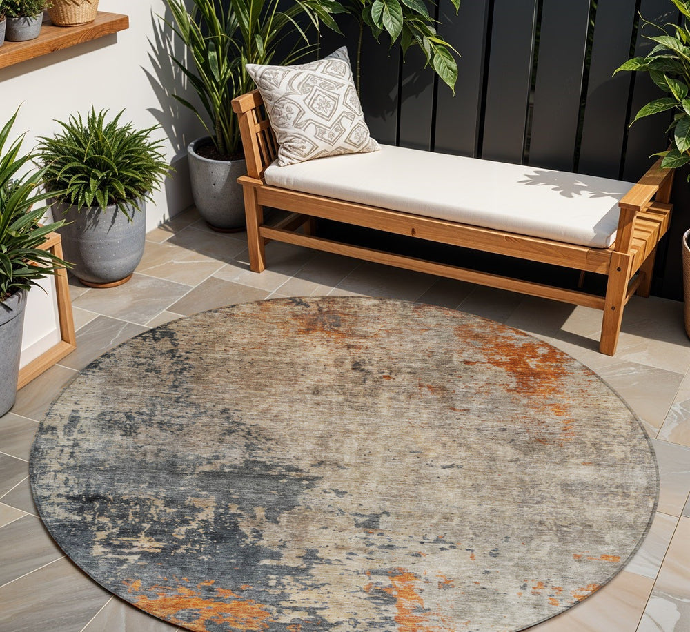 Homeroots 3' Khaki Gray And Copper Abstract Washable Area Rug - Stylish Indoor Outdoor Decor For Any Space 8' Round Polyester 606112