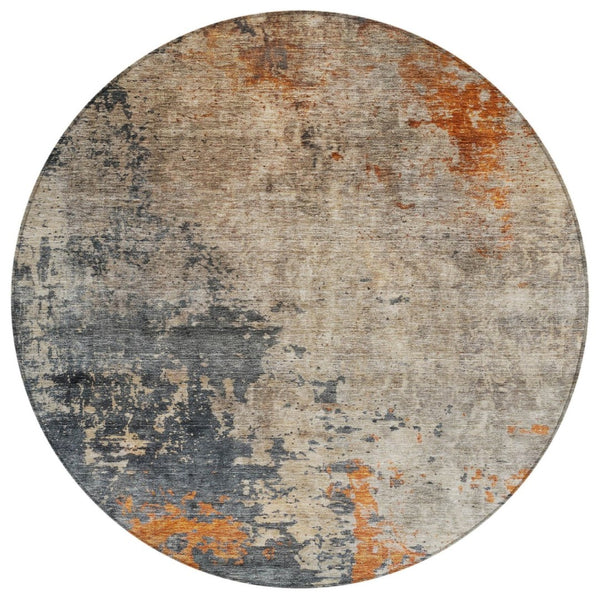HomeRoots 5' Khaki Gray and Copper Abstract Area Rug - Stylish, Washable, Indoor/Outdoor, Easy Care Design 8' Round 606112