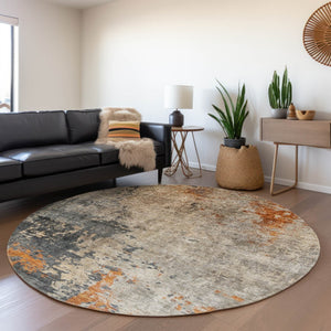 Homeroots 3' Khaki Gray And Copper Abstract Washable Area Rug - Stylish Indoor Outdoor Decor For Any Space 8' Round Polyester 606112