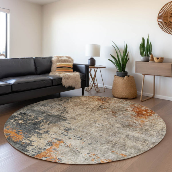 Homeroots 3' Khaki Gray And Copper Abstract Washable Area Rug - Stylish Indoor Outdoor Decor For Any Space 8' Round Polyester 606112