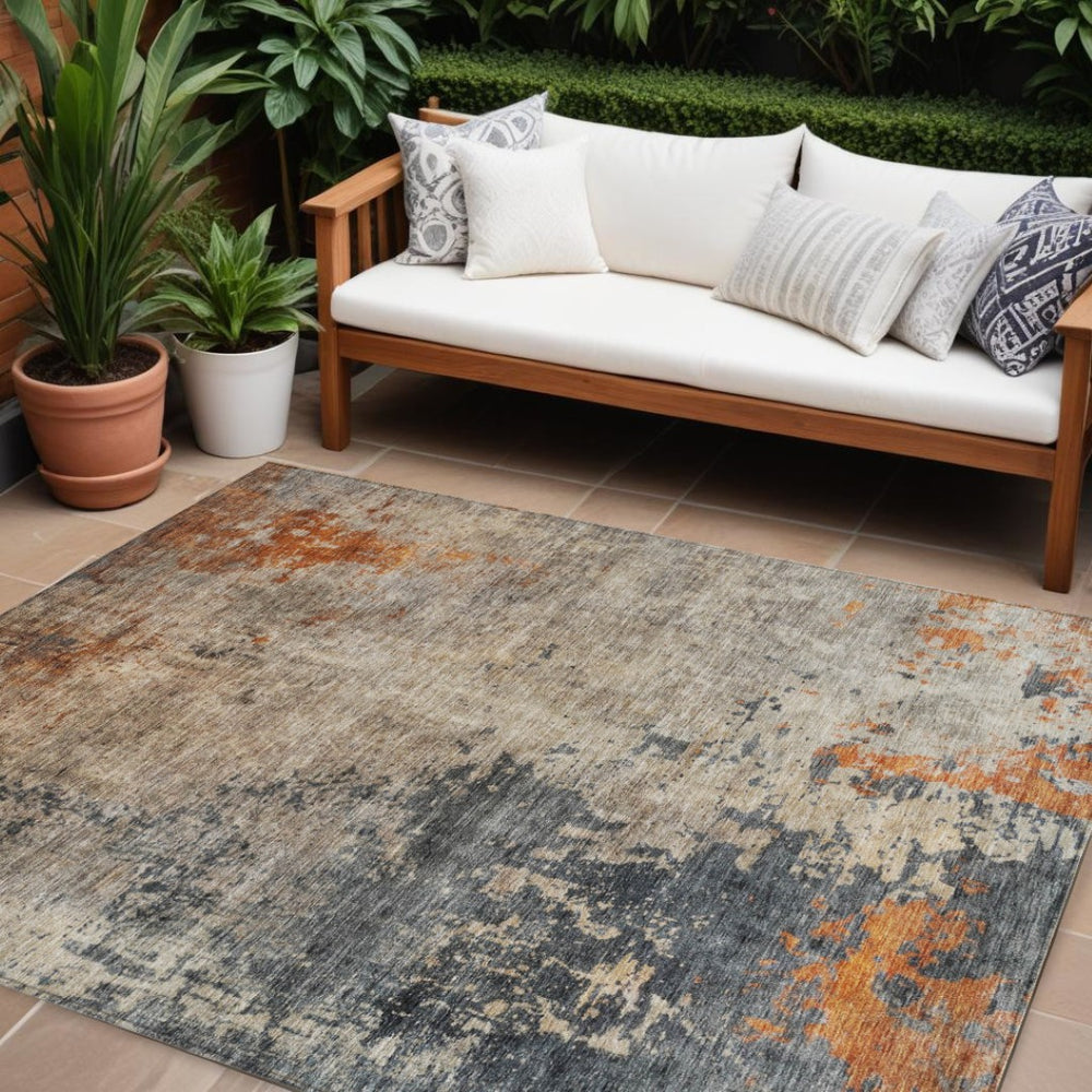 HomeRoots 9' X 12' Stylish Khaki Gray & Copper Abstract Rug – Washable Indoor/Outdoor Design for Any Space 606114