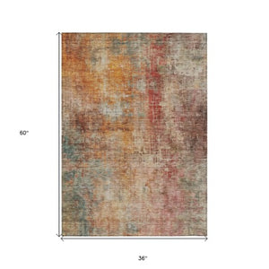 Homeroots 3' Tan Copper And Terra Cotta Abstract Washable Area Rug For Indoor And Outdoor Spaces, Durable Design 3' X 5' Polyester 606116