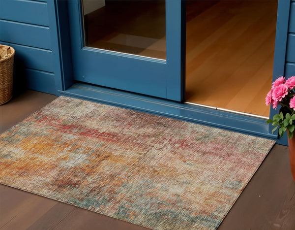 Homeroots 3' Tan Copper And Terra Cotta Abstract Washable Area Rug For Indoor And Outdoor Spaces, Durable Design 3' X 5' Polyester 606116