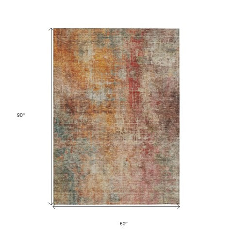 Homeroots 3' Tan Copper And Terra Cotta Abstract Washable Area Rug For Indoor And Outdoor Spaces, Durable Design 5' X 8' Polyester 606117
