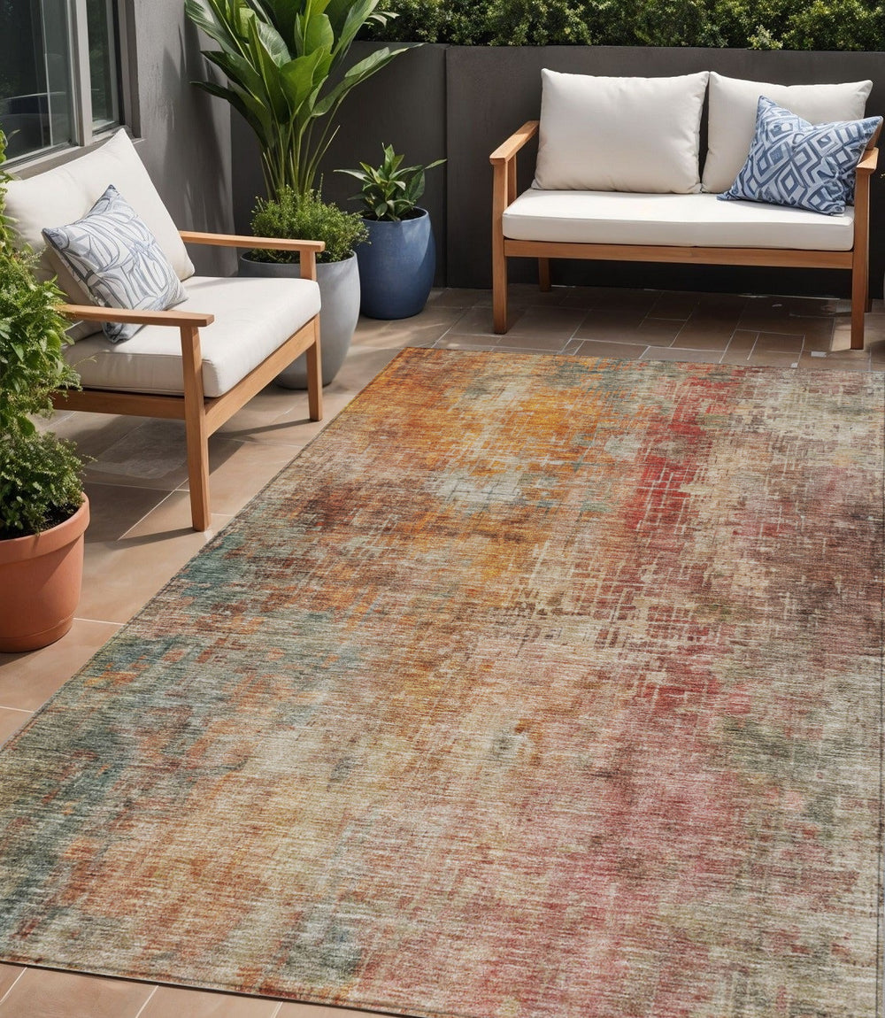 Homeroots 3' Tan Copper And Terra Cotta Abstract Washable Area Rug For Indoor And Outdoor Spaces, Durable Design 5' X 8' Polyester 606117