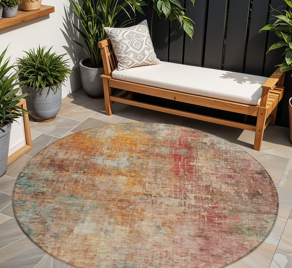 HomeRoots 5' Abstract Tan Copper and Terra Cotta Washable Area Rug for Indoor and Outdoor Spaces, Durable Style 8' Round 606118