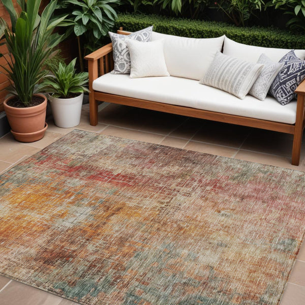 Homeroots 3' Tan Copper And Terra Cotta Abstract Washable Area Rug For Indoor And Outdoor Spaces, Durable Design 8' X 10' Polyester 606119