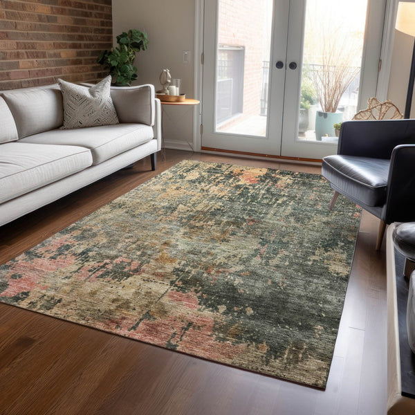 Homeroots 3' Stylish Sage Gray And Pink Abstract Washable Area Rug For Indoor And Outdoor Spaces, Durable Design 5' X 8' Polyester 606123