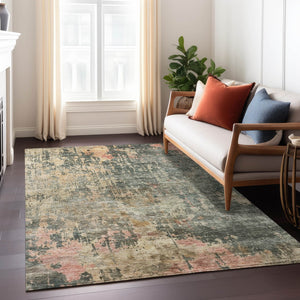 Homeroots 3' Stylish Sage Gray And Pink Abstract Washable Area Rug For Indoor And Outdoor Spaces, Durable Design 5' X 8' Polyester 606123