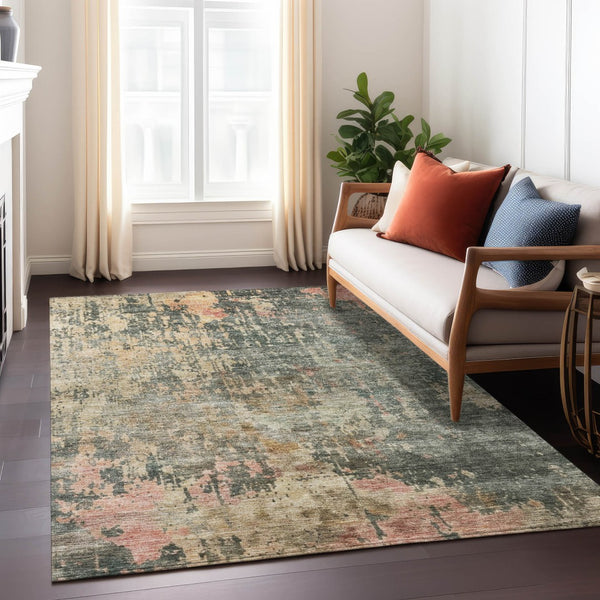 Homeroots 3' Stylish Sage Gray And Pink Abstract Washable Area Rug For Indoor And Outdoor Spaces, Durable Design 5' X 8' Polyester 606123