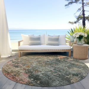 Homeroots 3' Stylish Sage Gray And Pink Abstract Washable Area Rug For Indoor And Outdoor Spaces, Durable Design 8' Round Polyester 606124