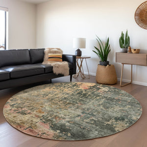 Homeroots 3' Stylish Sage Gray And Pink Abstract Washable Area Rug For Indoor And Outdoor Spaces, Durable Design 8' Round Polyester 606124